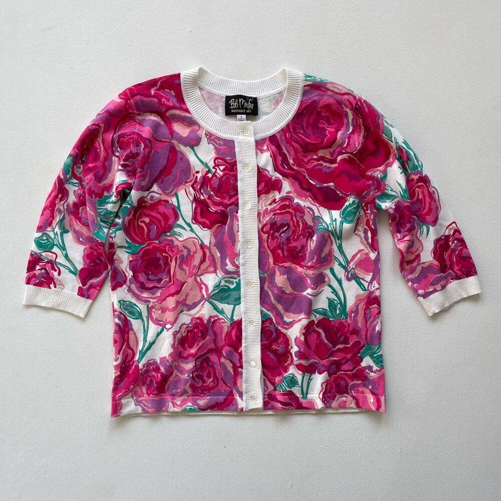 Vtg Y2K Bob Mackie Wearable Art Pink Rose Knit Cardigan Sweater / Sz S / Floral